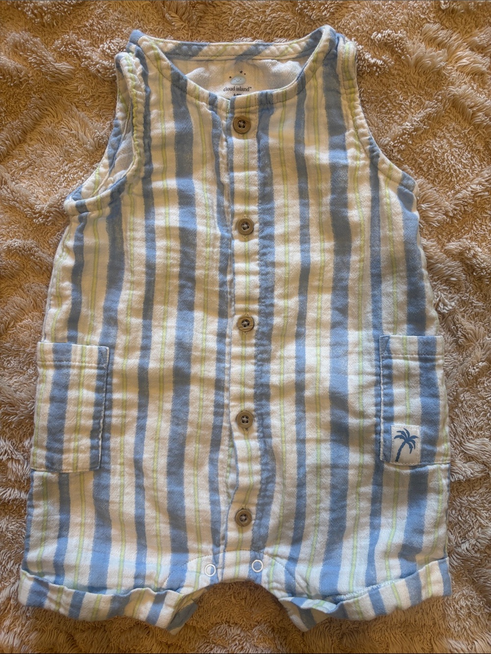 cloud island Blue, White & Light Green Striped Baby Romper 6 - 9 months